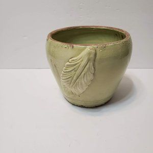 Vietri Made in Italy Planter, Light Green with Applied Leaves, Rustic Garden Pot